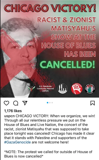 For the third time, a Matisyahu concert is cancelled due to threats by Palestine organizers, because he is Jewish and a supporter of Israel. Source: Instagram.