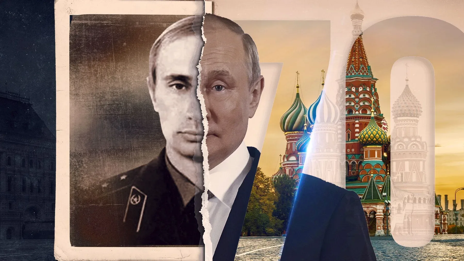 Vladimir Putin, as a Soviet KGB lieutenant and as president of Russia. Source: Sky News.