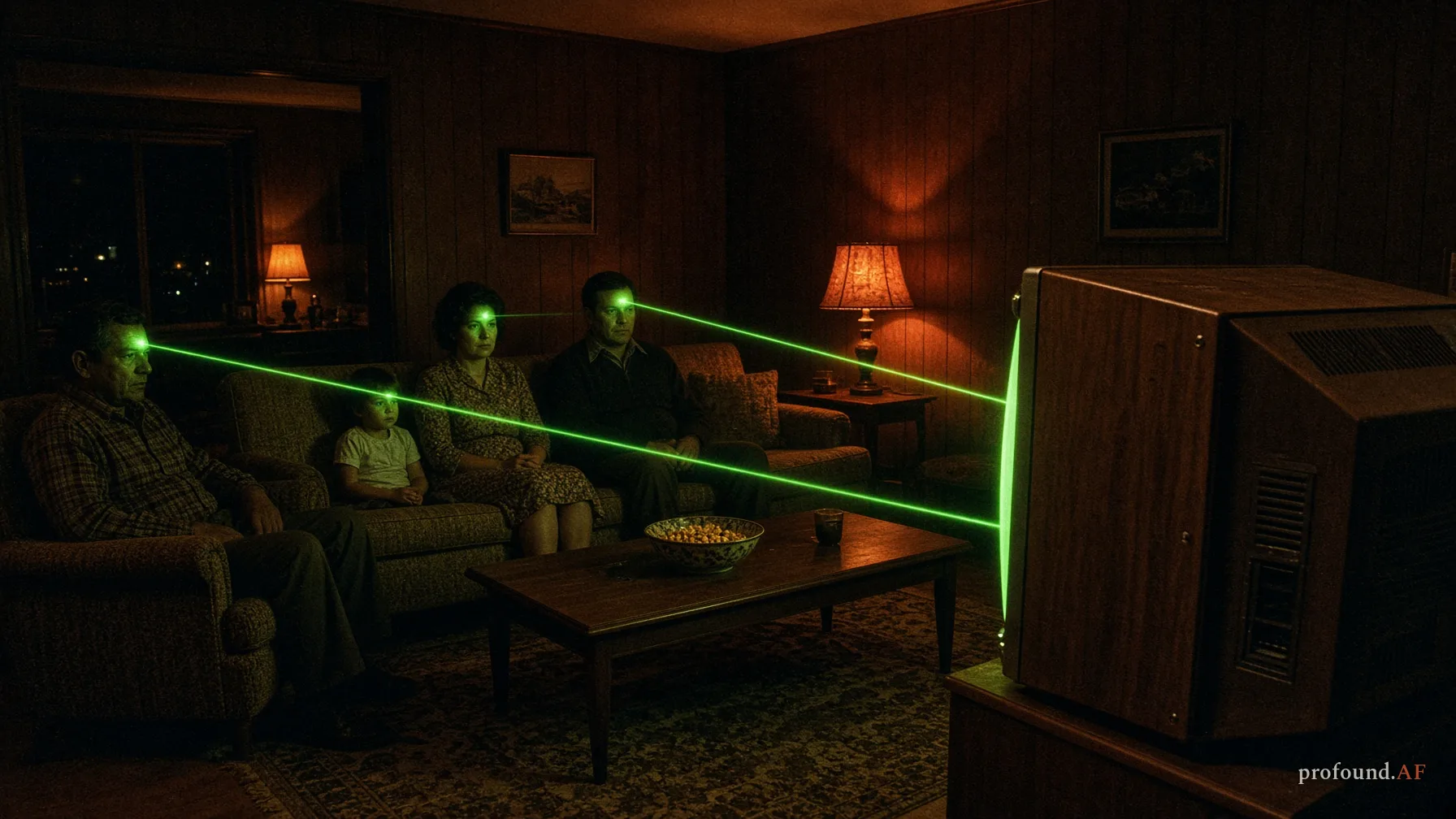 A family sits transfixed on a couch in a dim 1970s living room while thin green beams of light from the television connect to their heads.