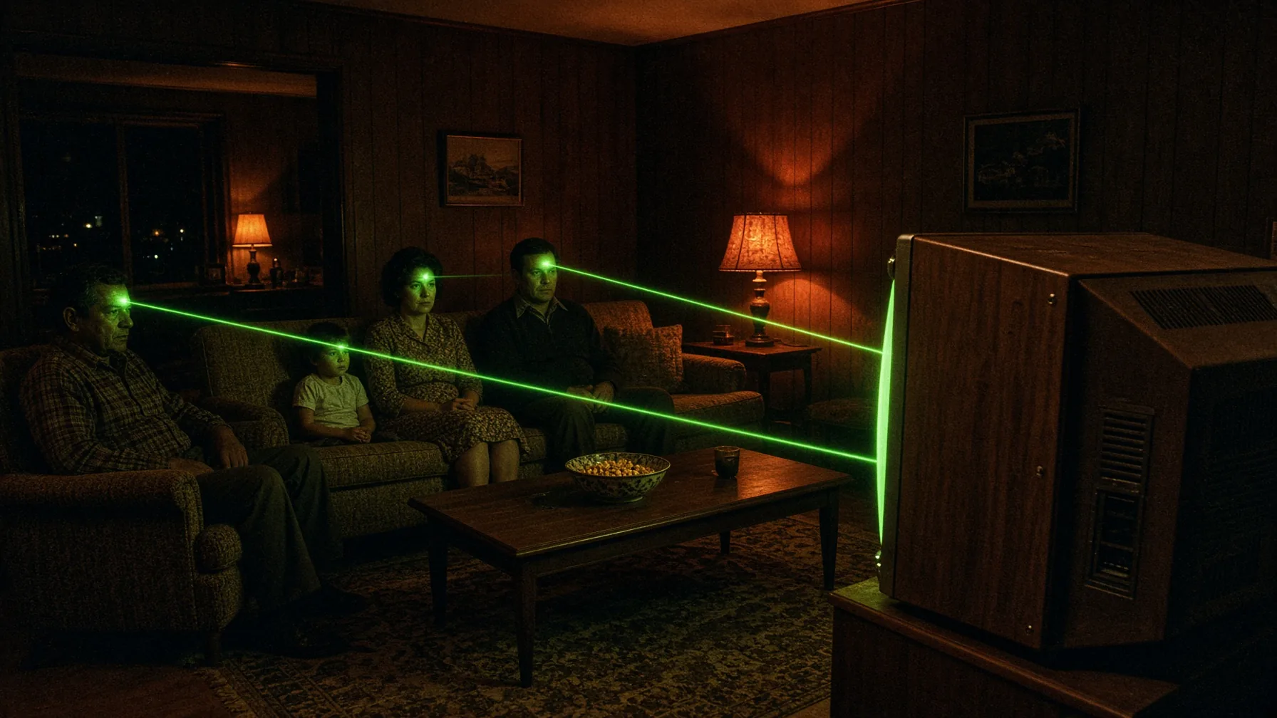 A family sits transfixed on a couch in a dim 1970s living room while thin green beams of light from the television connect to their heads.