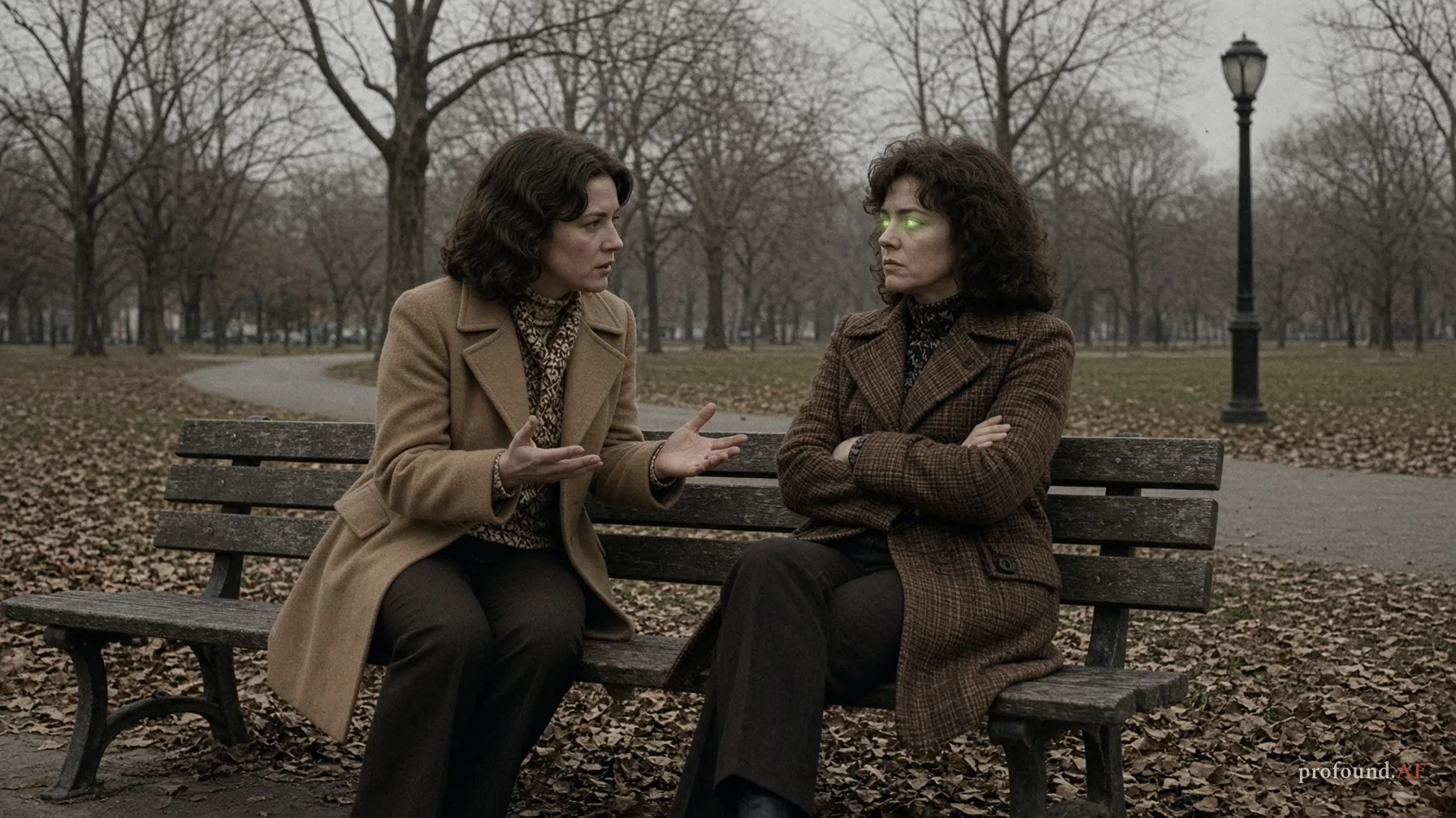 Two women talk on a park bench in autumn; one is calm and open, the other angry and closed off, with a soft green glow in her eyes.