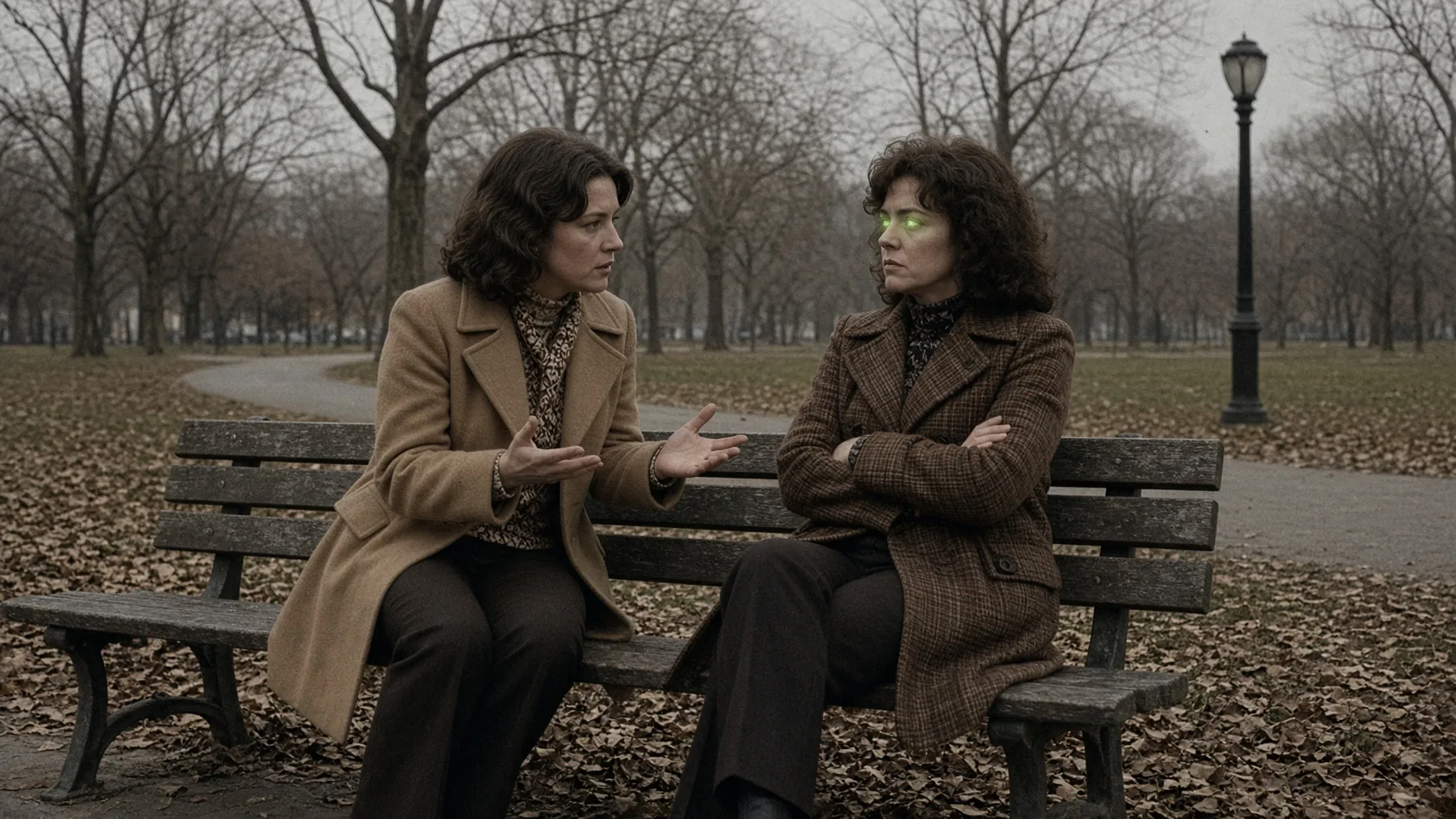 Two women talk on a park bench in autumn; one is calm and open, the other angry and closed off, with a soft green glow in her eyes.