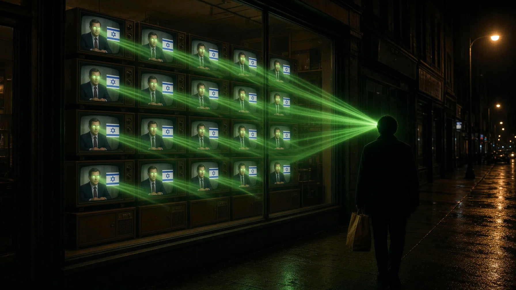 Rows of televisions in a shop window all show the same news anchor with an Israeli flag graphic, green beams converging on a passerby watching from the sidewalk.