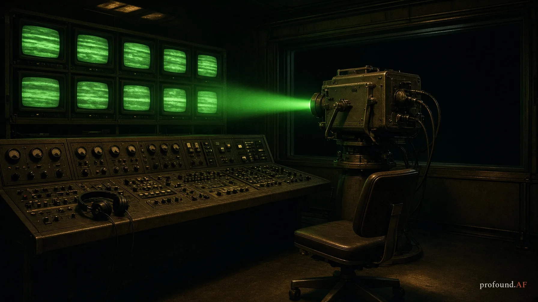 An empty 1970s broadcast control room where a large transmitter sends a green beam out into darkness.