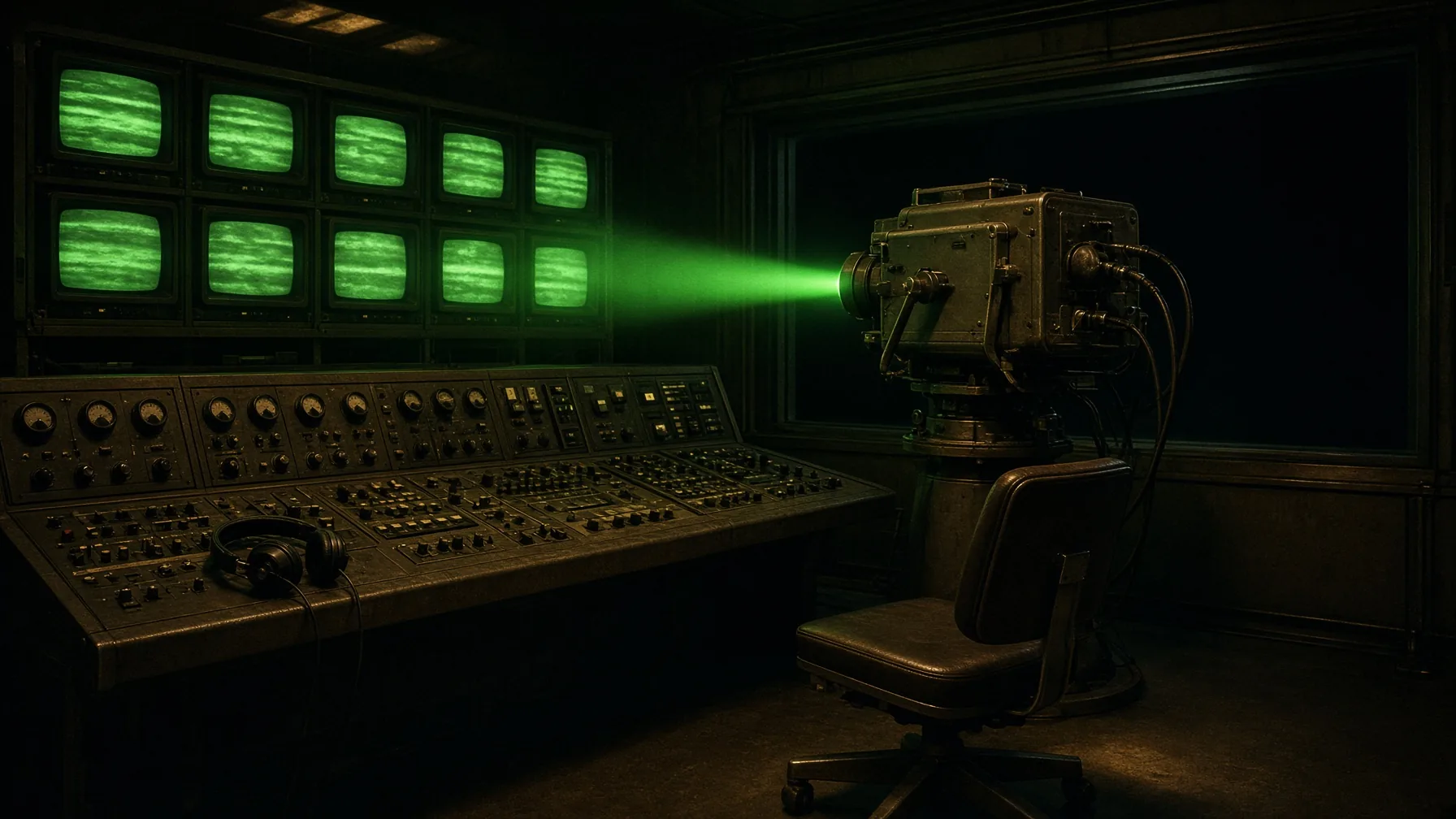An empty 1970s broadcast control room where a large transmitter sends a green beam out into darkness.