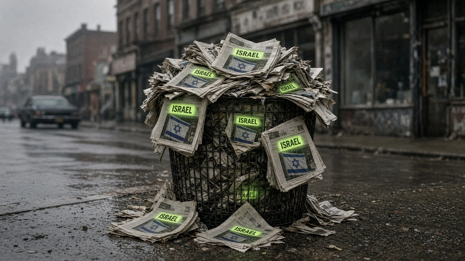 On an overcast street, a trash basket overflows with decades of different newspapers; on every varied front page, one Israel story glows green among the ordinary news.