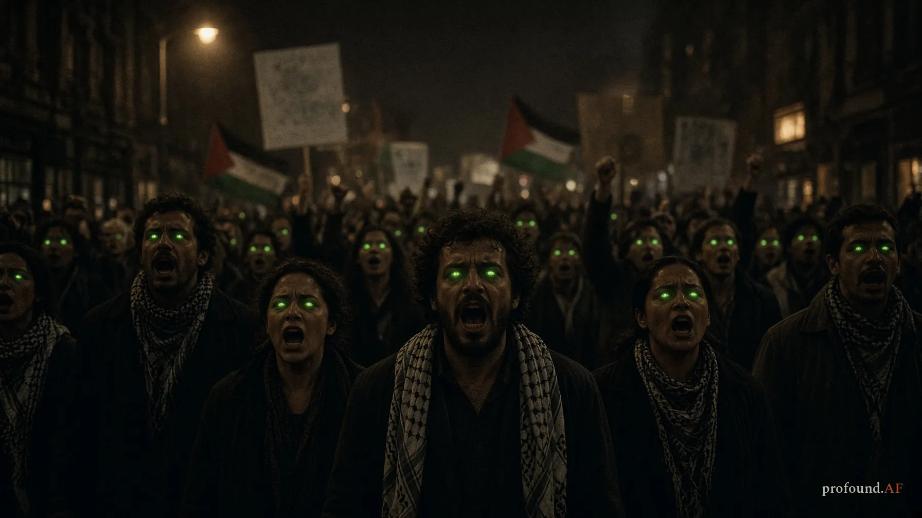 A night crowd of angry protesters marches toward the camera, each face lit by a soft green glow shining from their eyes.