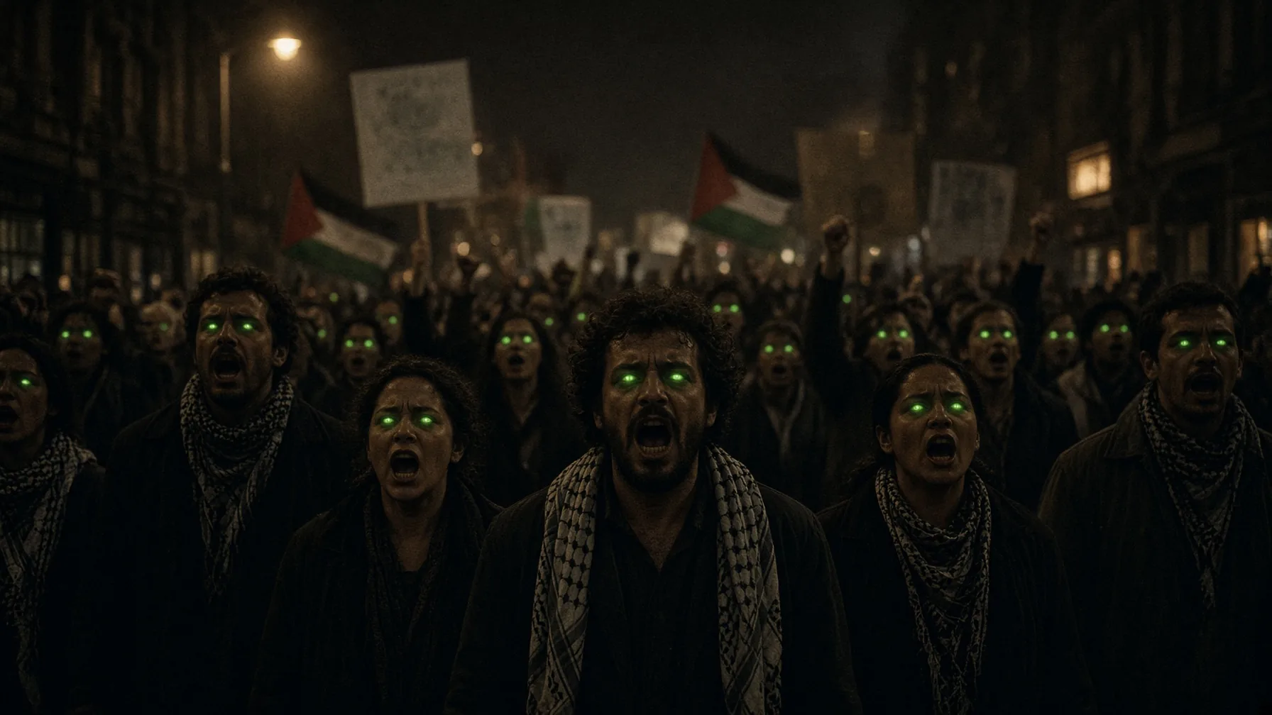 A night crowd of angry protesters marches toward the camera, each face lit by a soft green glow shining from their eyes.