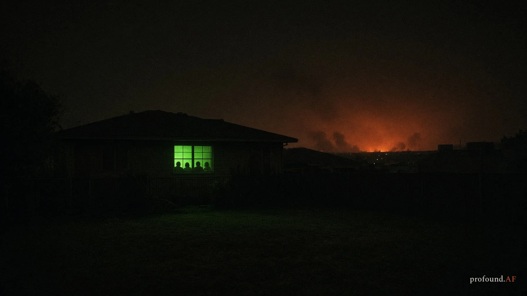 A dark house with one green television-lit window while a vast faint fire glows on the distant horizon behind it.