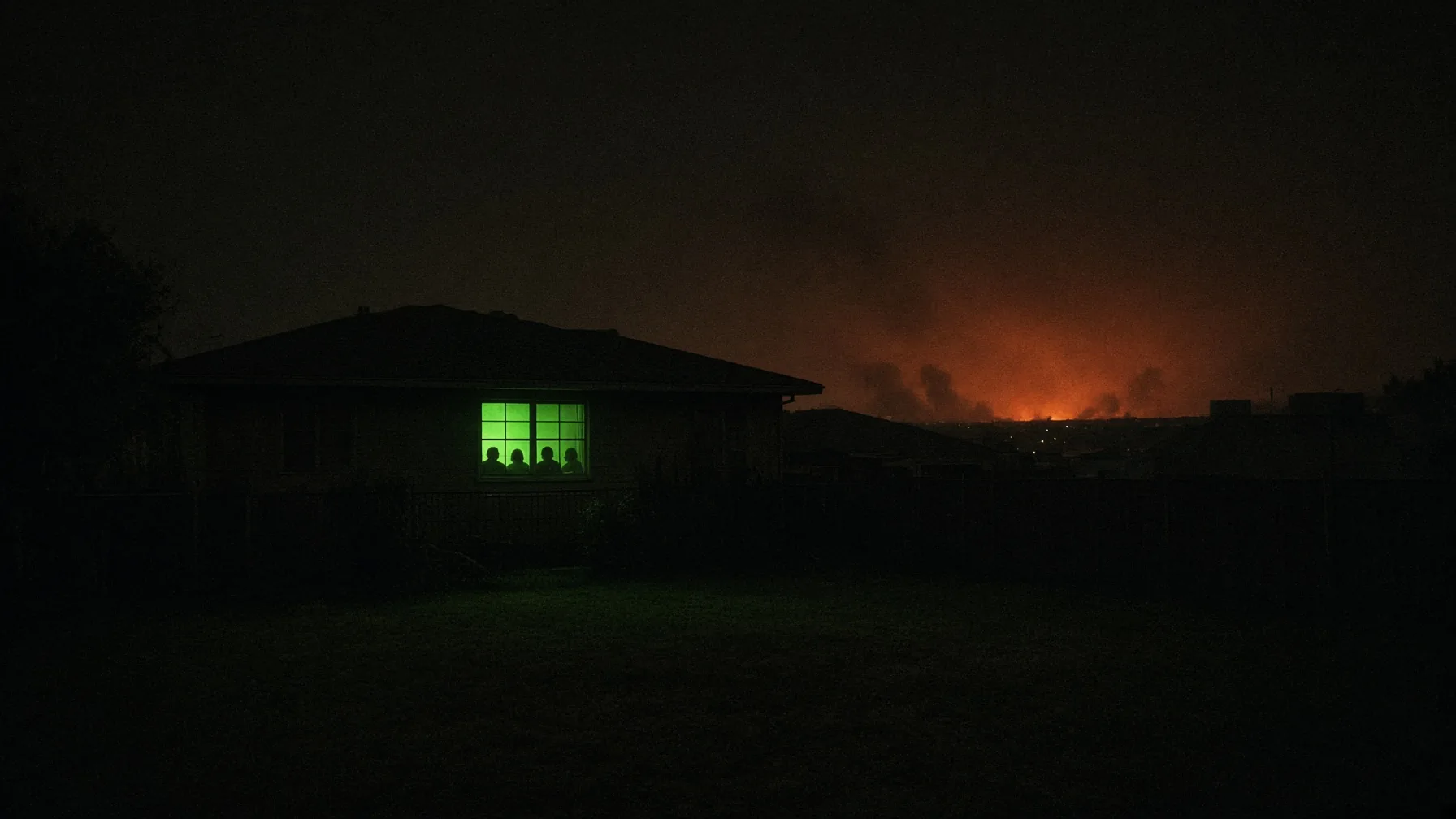 A dark house with one green television-lit window while a vast faint fire glows on the distant horizon behind it.
